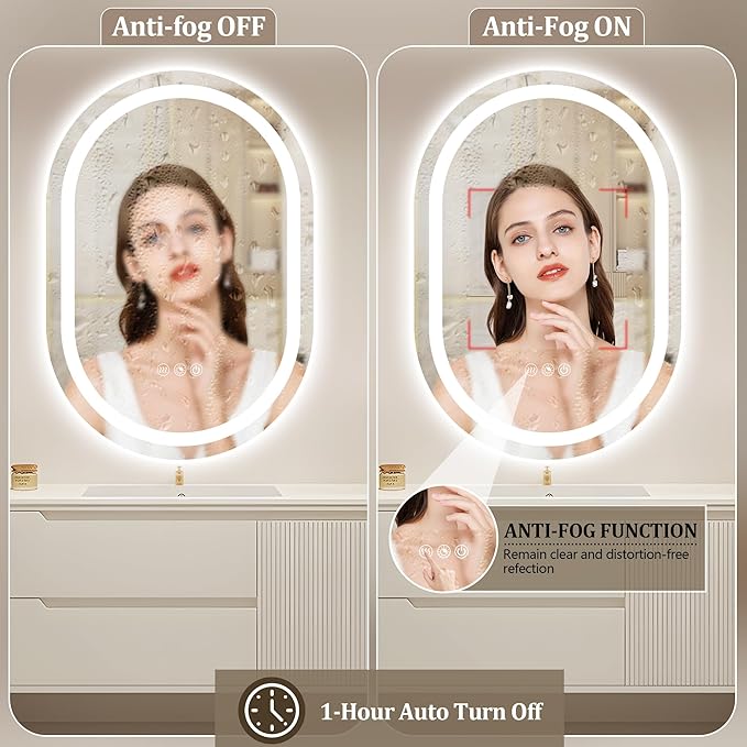 LED Oval Bathroom Mirror 40"x24" Oval Bathroom Vanity Mirror for Wall Anti-Fog 3 Colors & Dimmable Bathroom Mirror for Over Sink with Lights Memory Function Shatterproof LED Mirror