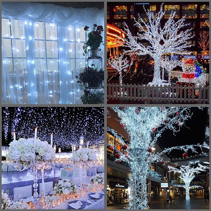 YULETIME 100 ft 300 Count Cool White LED String Lights with 8 Models Adapter, Clear Wire Wide Angle 5mm Christmas Lights (Cool White - Multimode)