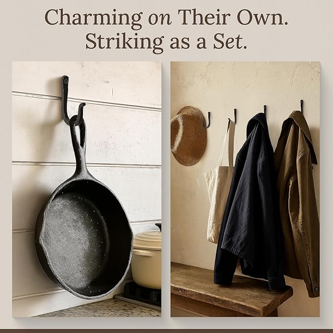 Railroad Spike Cast Iron Hooks (10 Pack) Handmade Blacksmith, Wall Mounted Farmhouse Decorative Hooks, PowderCoated for Interior or Exterior Use, Rust Proof for Hanging Coats, Bags or Pots (Black)
