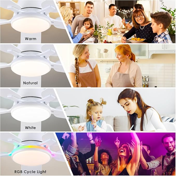 Ceiling Fans with Lights- 52" RGB Low Profile Indoor Ceiling Fan with Light and Remote/APP Control, Flush Mount, LED Dimmable DC Reversible Modern Ceiling Fan for Bedroom（White）