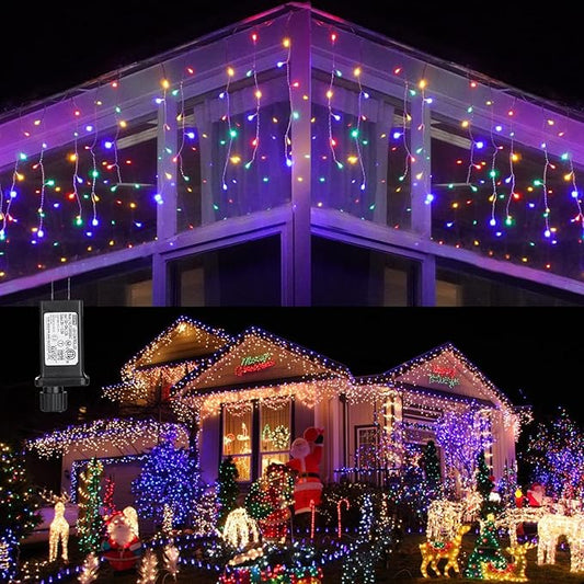 Toodour Christmas Icicle Lights Outdoor, 1224 LED 100ft 8 Modes Fairy Icicle String Light with 204 Drops, Led Christmas Lights Twinkle for Holiday, Party, Wedding, Eaves, Xmas Decorations (Multicolor)