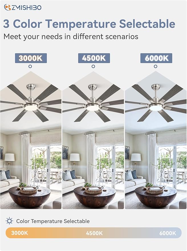 ZMISHIBO 62 inch Brushed Nickel Modern Ceiling Fan with Light and Remote, Indoor/Outdoor Industrial Ceiling Fan for Living Room Patio, 6 Speed Reversible Quiet DC Motor, 3 CCT, Dual Finish 8 Blades
