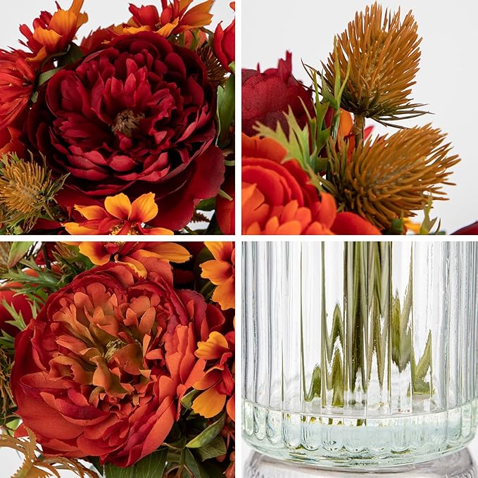 Peony Fake Fall Flowers in Vase Fall Table Centerpiece Faux Floral Arrangements Centerpiece Autumn Artificial Flowers with Vase Fall Flower Centerpieces for Tables Orange Silk Flowers in Vase