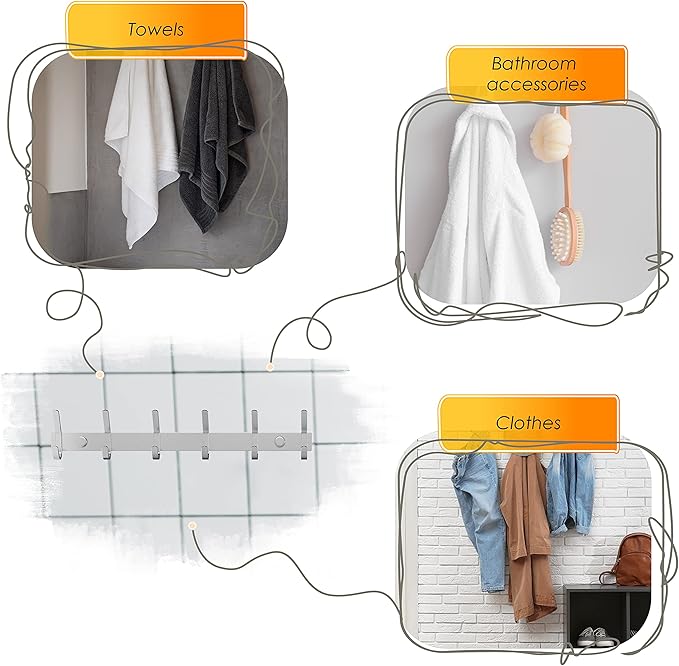 Coat Rack Wall Mount – Brushed Nickel 17 Inch Stainless Steel Hook Rail with 6 Heavy Duty Double Coat Hooks – Wall Mounted Coat Hanger for Entryway, Bathroom, Bedroom, Towel, Hat Organizer - 3 Pack