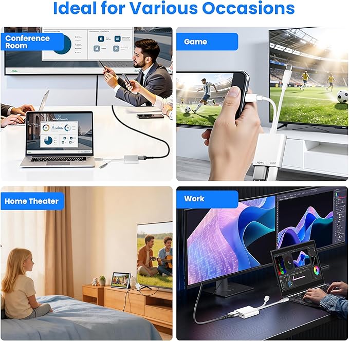 USB-C and Lightning to HDMI Adapter for iPhone to TV, 4K@60Hz MFi Certified Lightning to Digital AV Adapter with 100W Charging Port for iPhone 17 16 15 14/MacBook/iPad to HDTV/Projector/Monitor