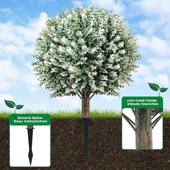 2 Pack White Artificial Christmas Tree, 24'' Outdoor Xmas Ball Tree,Fake Boxwood Topiaries with Spike,Faux Plants for Planters Urn Filler, Porch Potted Entrance Driveway Decor