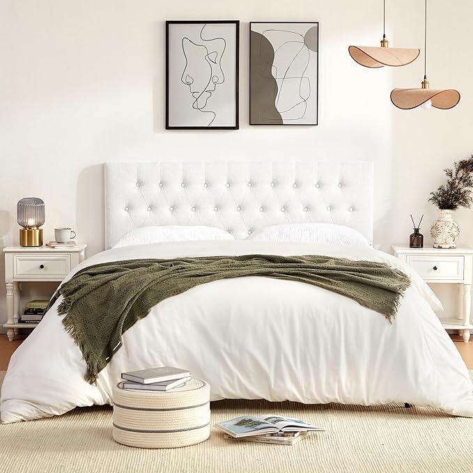 Tufted Upholstered Headboard Twin Size, Solid Wood Head Board with Durable Metal Legs, Adjustable Height Twin XL headboard from 37” to 51” Fabric Headboard in Modern Button Design, White
