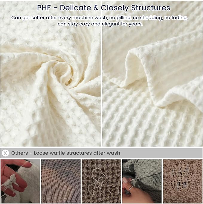 PHF Pre-Washed Cotton Waffle Weave Family Blanket,Oversized King Size 120"x 120"-Snag Proof Lightweight Breathable, 10'x 10' Huge Extra Large Big-Elegant Aesthetic Home Decoration Gift,Cream