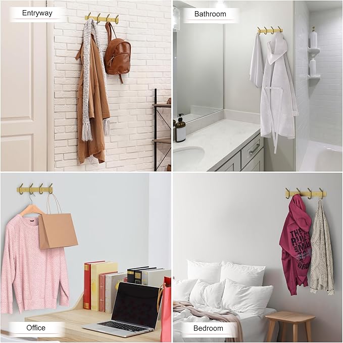 Brushed Gold Wall Mounted Coat Rack – 12 Inch Stainless Steel Rail with 4 Double Coat Hooks for Entryway, Bathroom, Bedroom, Kitchen – Modern Gold Hook Rack for Coats, Hats, Towels