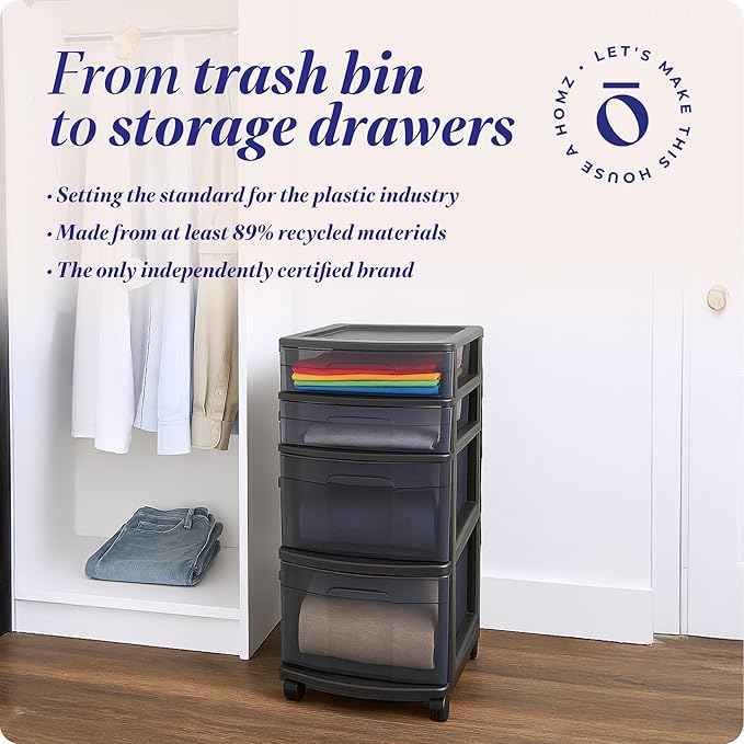 HOMZ Drawer Tower, 4-Tier Clear Plastic Storage Organizer Cart, Black Frame - Rolling Drawer Containers with Wheels for Bathroom, Bedroom, Office, and Classroom Organization