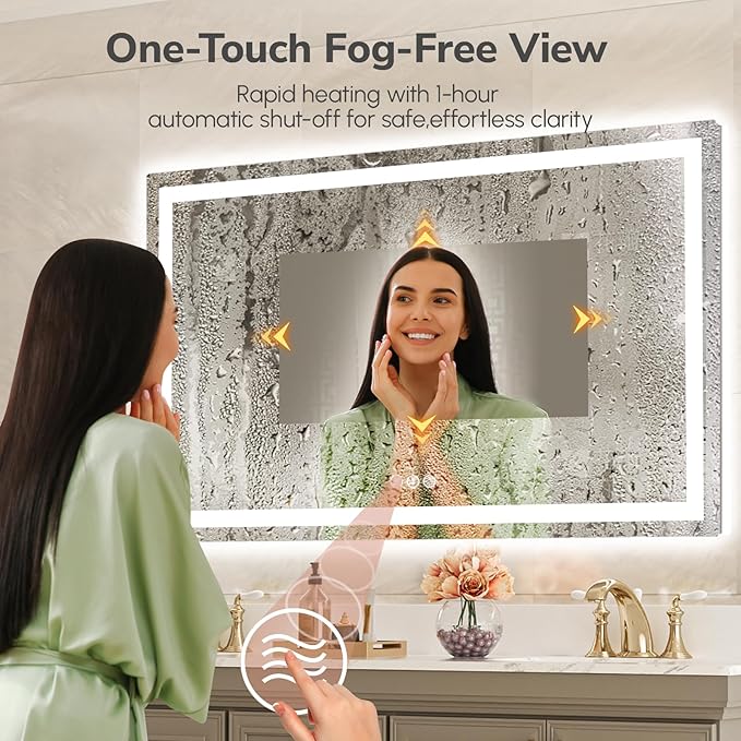 USHOWER LED Bathroom Mirror 60x36 Inch with Lights - Frameless Tempered Glass LED Backlit Lighted Mirror for Bathroom Vanity with Anti-Fog, 3 Colors Dimmable, Memory Function, Wall-Mounted