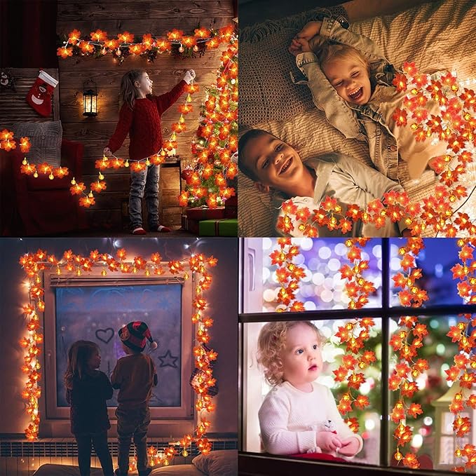 2 Pack Thanksgiving Decorations Fall Garland with Pumpkin Lights Fall Decorations for Home, Total 60 LED 20 Ft Maples Leaves Thanksgiving Lights Battery Operated Autumn Decor Indoor Outdoor Christmas