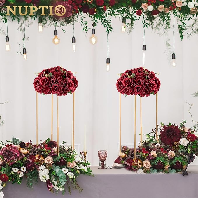 NUPTIO Flower Wedding Centrepieces for Tables: 10 Pcs Burgundy Artificial Flowers Roses Balls 14.2 inch Diam for Centerpiece Fake Silk Rose Arrangements Weddings Reception Birthday Party Decoration