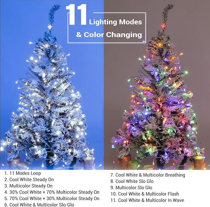 Brizled Color Changing Christmas Lights, 65.67ft 200 LED Dual Color Christmas Tree Lights with Remote, Cool White & Multicolor 11 Function Xmas String Light Indoor Outdoor for Xmas Party Home Wedding