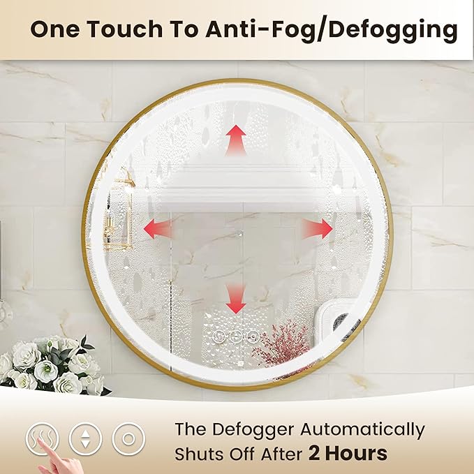 Gold Round Mirror 28 Inch, Metal Framed Frontlit Bathroom Mirror, Circle Mirrors for Wall, Led Light Mirror with Anti-Fog, Memory Function, 3 Color Temperature, Dimmable Makeup Mirrors