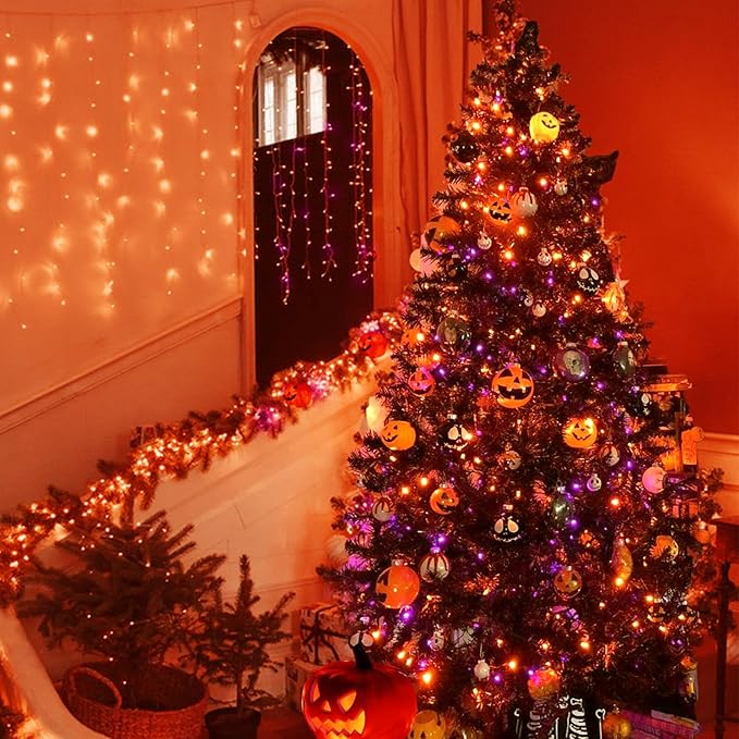66Ft 200LED Orange and Purple Christmas Halloween Lights Plug in,Waterproof Halloween String Light,8 Modes Indoor Outdoor for Tree Party Bedroom Garden Decor (Clear Wire)