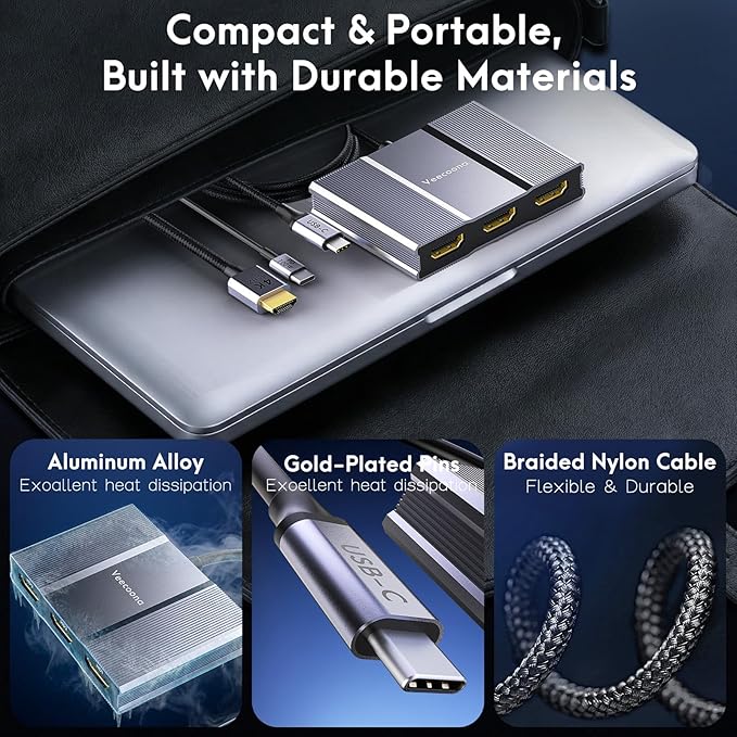 USB C to 3 HDMI Adapter with PD 100W, 4K@60Hz HDMI Splitter Extended Display 1 in 3 Out for Multi-Monitors, Compatible with Laptop,PC,USB-C Graphics Card - MACOS Not Support MST