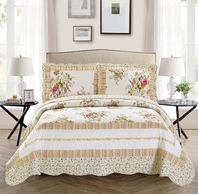 Fancy Linen 3pc Bedspread Bed Cover King/California King, Off White Floral New
