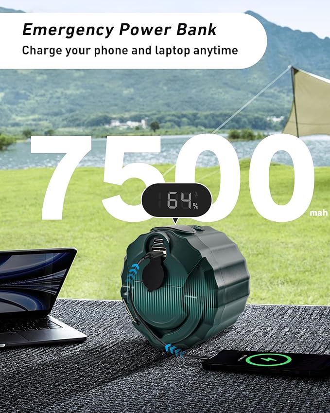 DUKUSEEK Tent Ceiling Fans for Camping Hanging, Portable Tent Fans with Light and Remote Control, Power Bank, USB Battery Operated Camping Fan with Hanging Hook for Outdoor, Car, RV