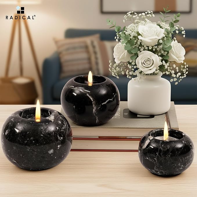 Radicaln Marble Tealight Candle Holder 4" Inches Black Handmade Set of 3 Mini Votive Holders for Romantic Wedding Table Setting, Ideal Bathroom, Bedroom & Kitchen Table Candle Accent