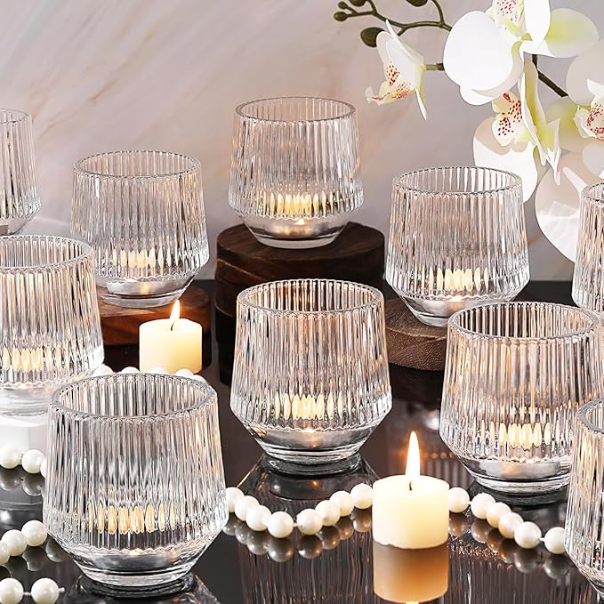 12 Pcs Large Glass Votive Candle Holders- 3.15"×3.15" Ribbed Candle Holders for Tealight Candles, Votives, Floatings, Tea Lights Candle Holders for Table Centerpieces, Wedding Table Decor