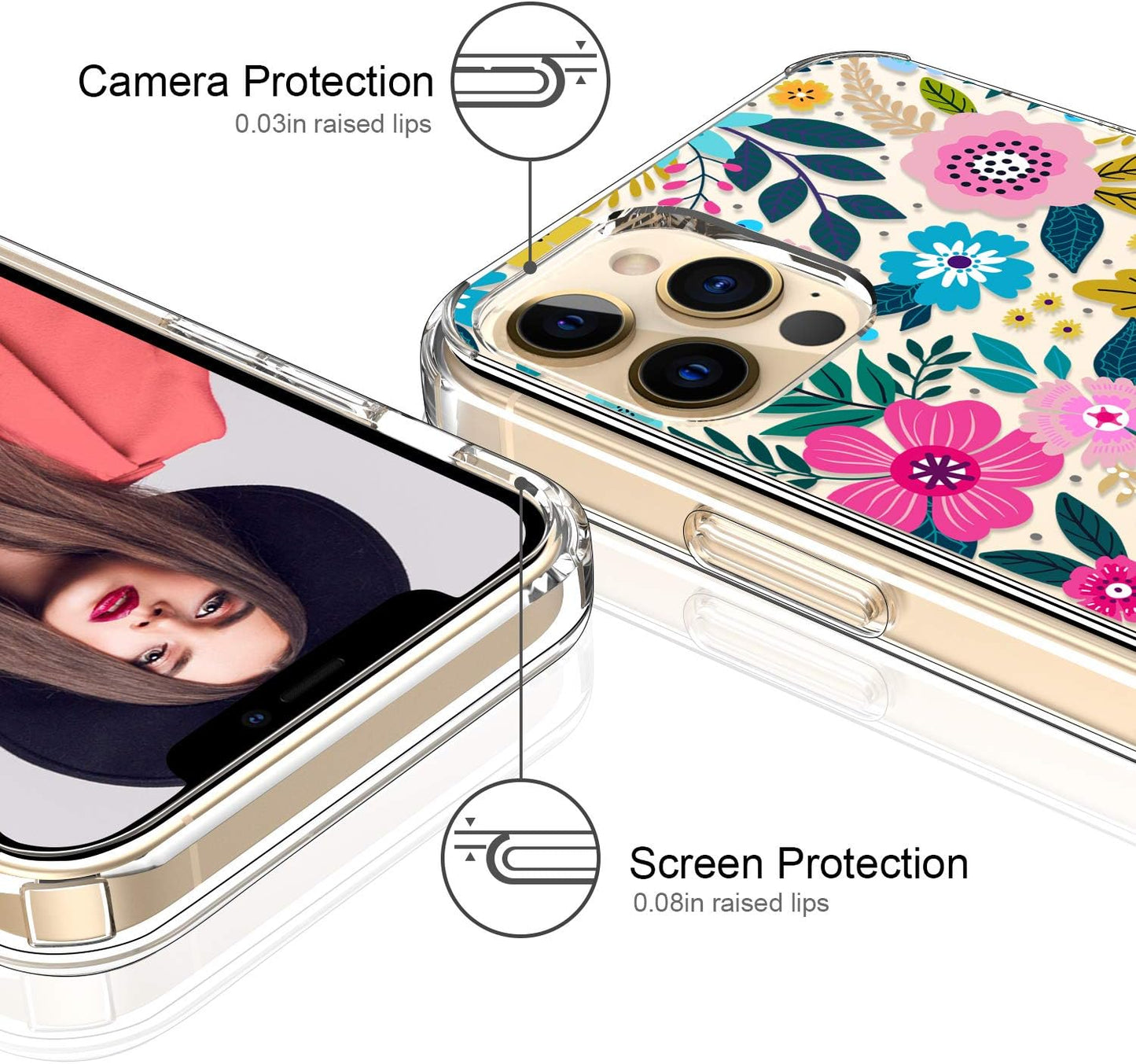ICEDIO iPhone 12 Case with Screen Protector, Clear with Colorful Blooming Floral Patterns for Girls, Slim Fit