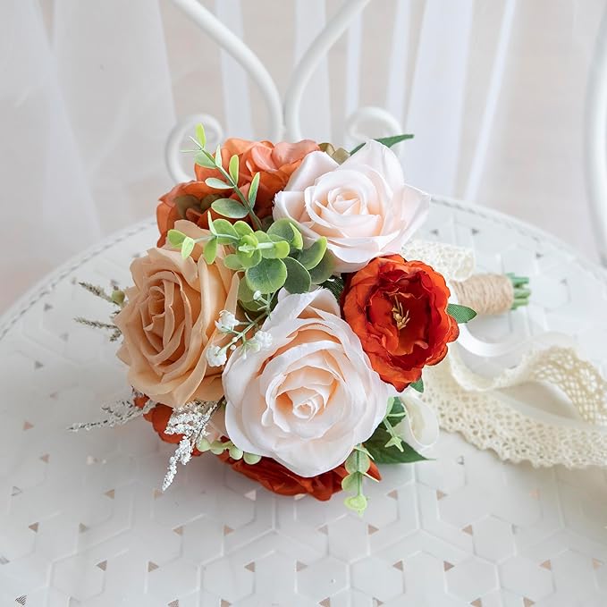 Wedding Bouquets for Bride Bridesmaid, Artificial Burnt Orange Bride Flower Bouquet for Wedding Church Decoration Ceremony, Anniversary, etc, Roses Flowers