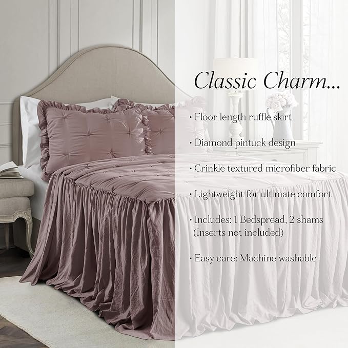 Lush Decor Ravello Pintuck Ruffle Skirt Bedspread Set - Luxe 3 Piece Ruffled Bedding Set - Traditional Glam & Farmhouse Inspired Bedroom Decor - Queen, Woodrose