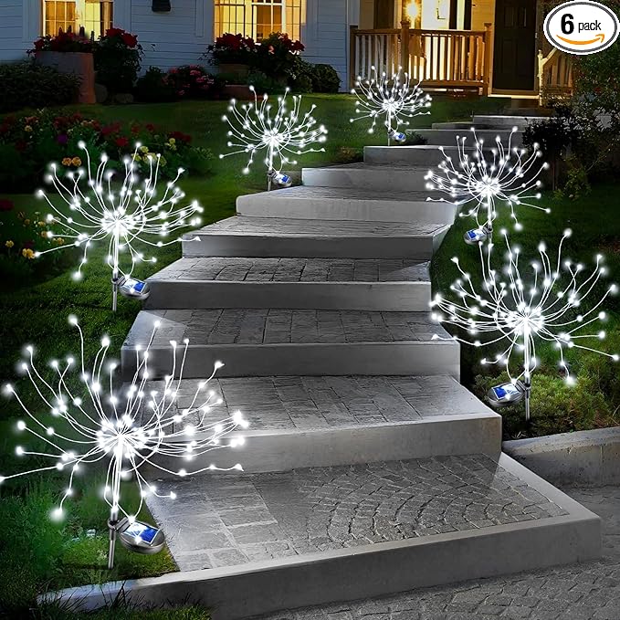 Anordsem Solar Garden Lights Outdoor: Fireworks Light Waterproof for Yard Outside - LED Starburst White Lighting Patio Path Decor 6 Pack - Gardening Gifts for Women Mom Homeowner