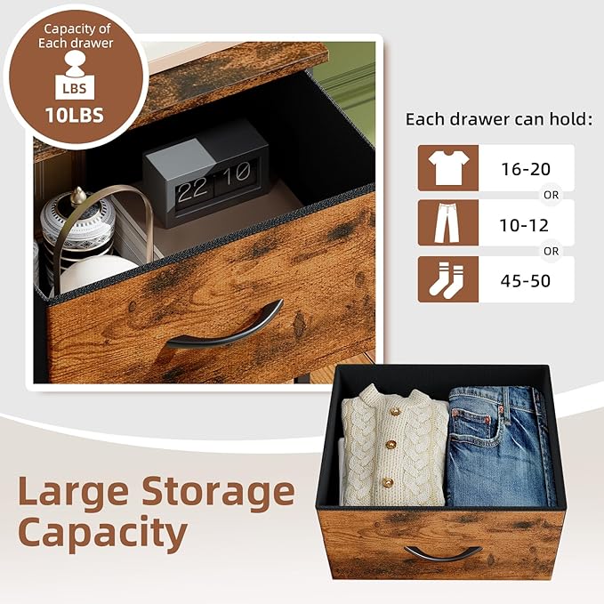Somdot Tall Dresser for Bedroom with 5 Drawers, Storage Organizer Chest of Drawers with Removable Fabric Bins for Closet Bedside Living Room Laundry Entryway Hallway, Wood Grain Print