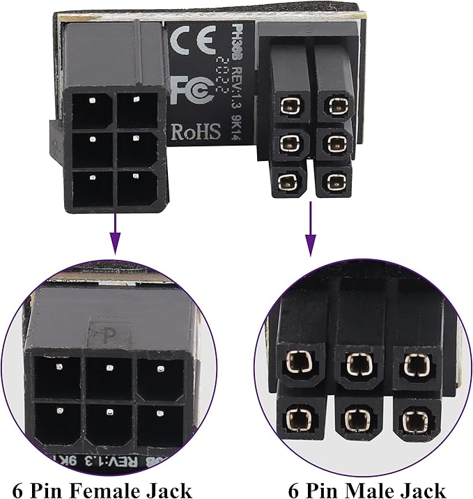 180 Degree 6Pin PCI Power Adapter 180 Degree Angled ATX 6Pin Female to 6pin Male Connector Power Adapter Board for Desktop Graphics Card(2Pack-UP/6Pin)