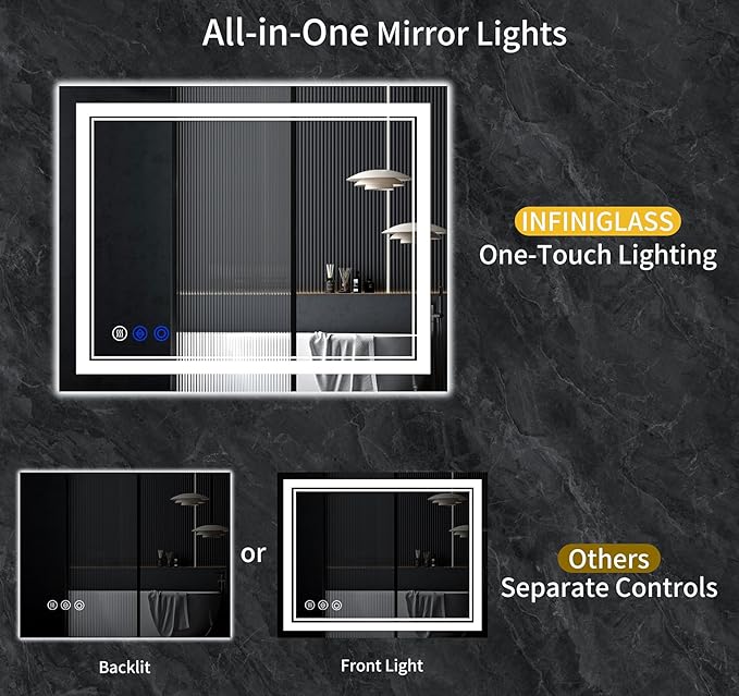42"x24" LED Bathroom Mirror with Anti-Fog, Stepless Dimmable Lights, 3 Color Modes, Shatter-Proof Tempered Glass, Memory Function & Waterproof Design