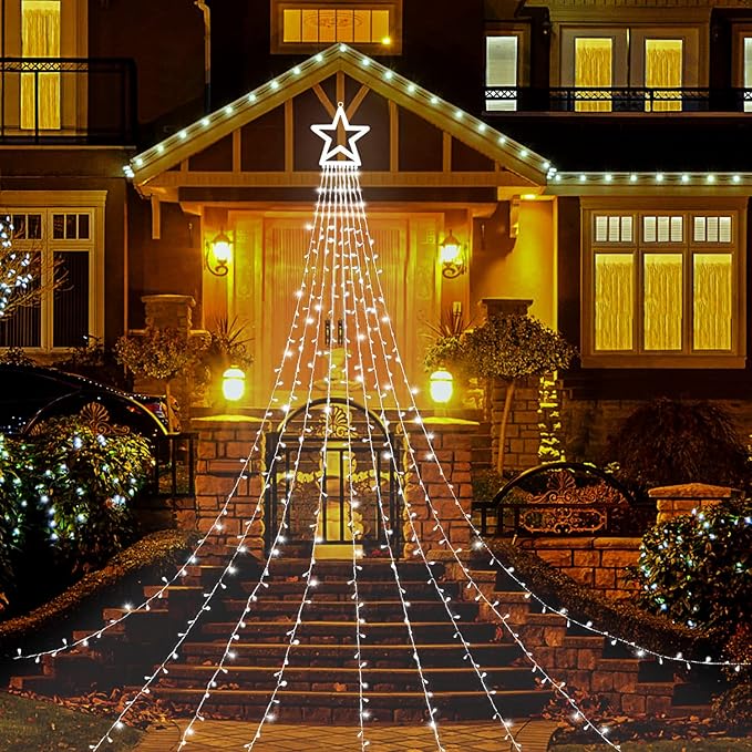 FUNIAO (Upgraded) Christmas Decoration Outdoor Star String Lights, 320 LED Christmas Tree Topper Lights with 12" Lighted Star for Halloween Christmas New Year Holiday Garden Yard (White)