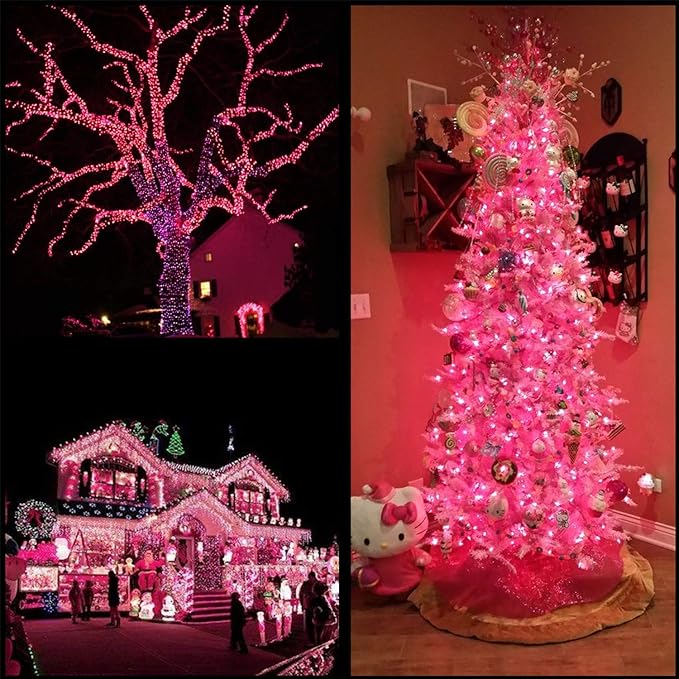 YULETIME 100 ft 300 Count Pink LED String Lights with 8 Models Adapter, Clear Wire Wide Angle 5mm Christmas Lights (Pink - Multimode)