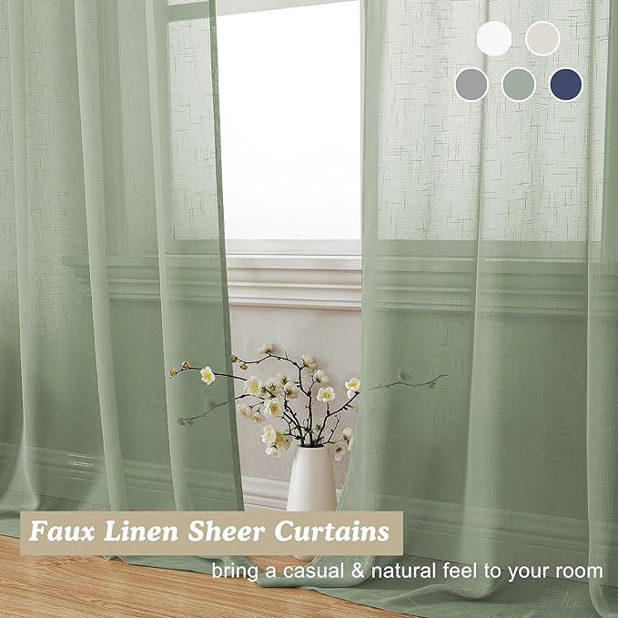 Aiyufeng Kirei Long Sage Green Sheer Curtains 96 Inch - Linen Look Privacy Sheer Curtains Window Treatment Drapes Farmhouse Decor for Bedroom Living Room Sliding Glass Door, 40Wx96L, 2 Panels