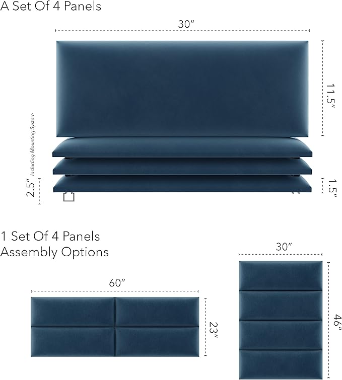 Vänt Upholstered Wall Panels - Queen/Full Size Wall Mounted Velvet Headboards - Velvet Peacock Blue - Set of 4 Panels (Each Individual Panel 30"x11.5")