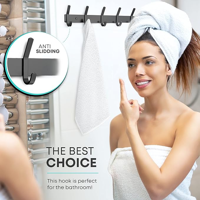 Matte Black Coat Rack Wall Mount – 17 Inch Stainless Steel Hook Rail with 6 Double Coat Hooks – Wall Mounted Entryway Organizer for Coats, Hats, Bags, Towels, Robes, Closet or Bathroom - 3 Pack