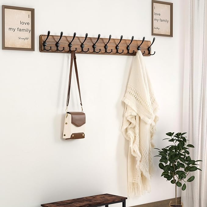 Dseap Coat Rack Wall - Heavy-Duty 38-1/4" Long, with Reinforced 10 Custom Tri-Hooks, Solid Wood Wall Hanger for Coats Hat Jackets - Rustic Farmhouse Entryway Storage, Natural & Black, Pack of 2
