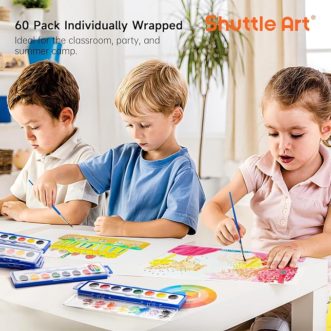 Shuttle Art 8 Colors Watercolor Paint Set, 60 Pack with Paint Brushes & Color Wheels, Washable for Kids & Adults, Suitable for Classroom, Parties, Kindergarten & Art