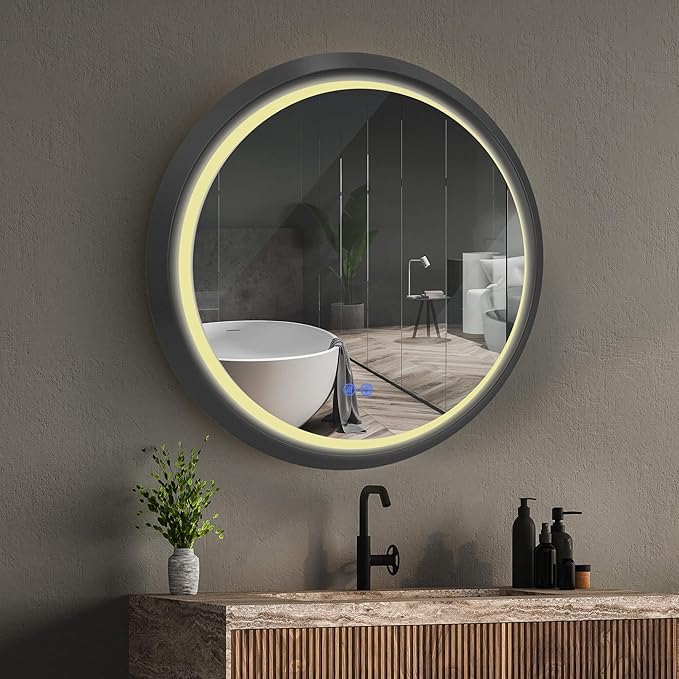 Round LED Mirror for Bathroom, Black Metal Frame, 28”