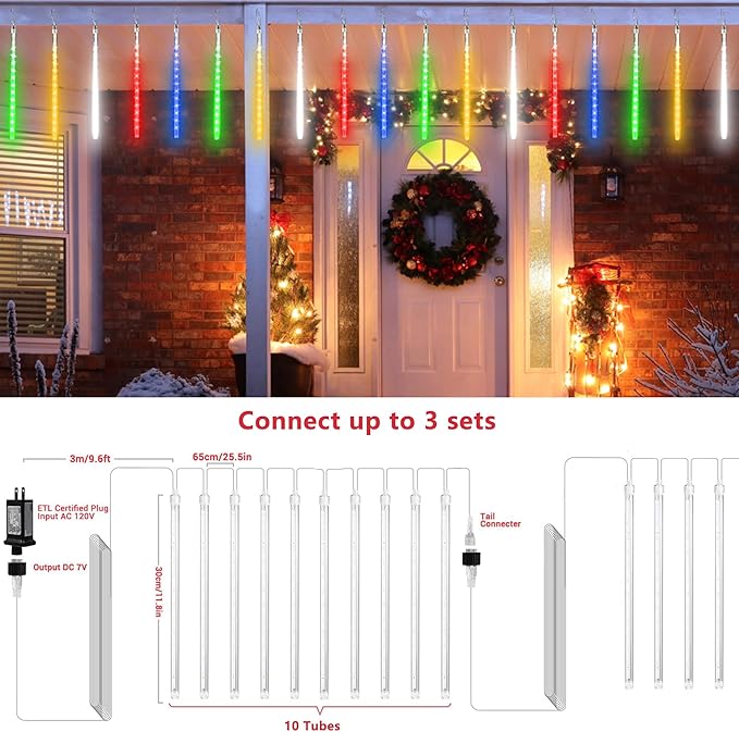 Joomer 2Pack Christmas Lights Outdoor, 11.8 inch 10 Tubes 240 LED Meteor Shower Lights, LED Falling Icicle Cascading Light with Timer Waterproof and Connectable for Christmas Decoration (Multicolor)