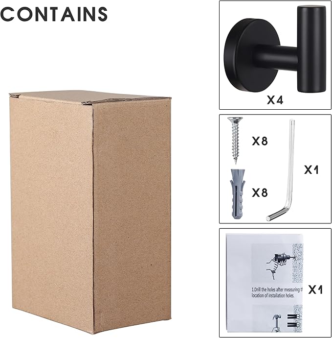 Towel Hooks Bathroom Coat Robe Wall Hook Heavy Duty Door Hanger Towel Robe Clothes Cabinet Closet Sponges Rack for Bathroom Bedroom Kitchen Hotel Pool 4 Packs Matte Black(Drilling Installation)
