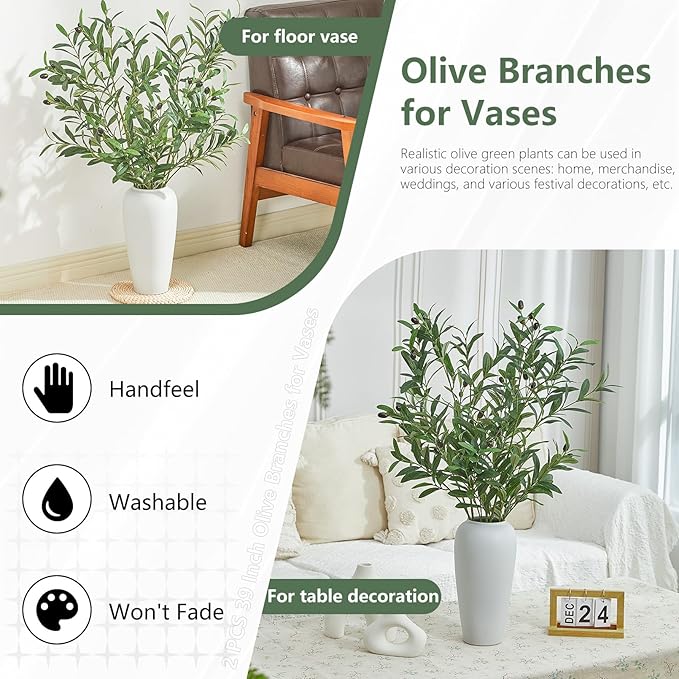 2 PCS 39 Inch Faux Olive Branches Artificial Flowers Greenery Stems Olive Tree Branch for Vase Filler Home Decor Indoor