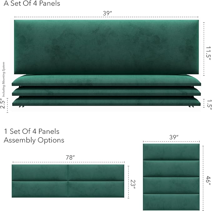 Vänt Upholstered Wall Panels - King/Cal King Size Wall Mounted Velvet Headboards - Velvet Emerald Green - Twin/King - Set of 4 Panels (Each Individual Panel 39"x11.5")