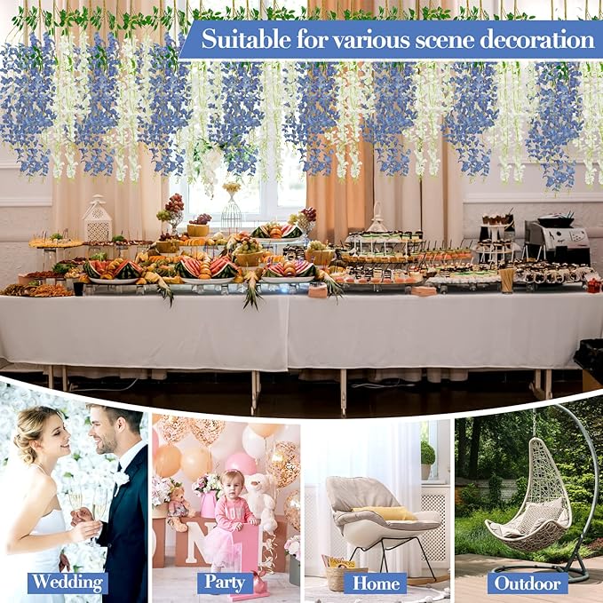Giegxin 36 Pcs Artificial Wisteria Hanging Flowers 3.6 ft Artificial Fake Wisteria Vine Rattan Hanging Garland Silk Flowers String for Wall Home Wedding Party Greenery Decorations (Blue,White)