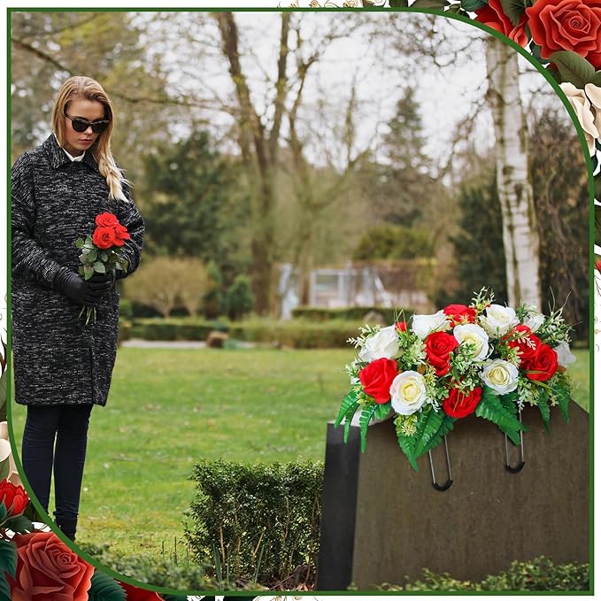 Christmas Cemetery Decorations for Grave Headstone Flower Saddle Artificial Flower Saddles Red Poinsettia Outdoor Memorial Headstone Realistic Bouquet(Fresh Color,Butterfly Style)