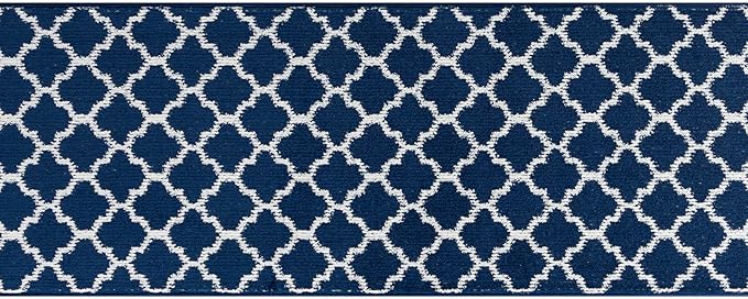 Custom Size Cut to Length Moroccan Trellis Design Runner Rug Mat For Wide Long Hallways with Non-Slip Rubber Backing, Better Traction for Pets, Prevent Slippage, Trellis Navy Blue, 31 inch X 17 feet