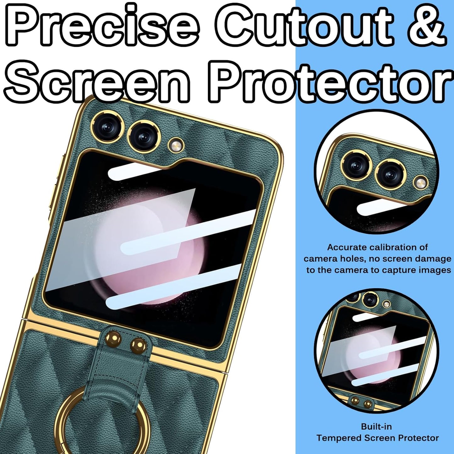 Miimall Leather Case with Metal Ring Holder for Galaxy Z Flip 5, Built-in Screen Protector, Ultra-Thin Cover (Deep