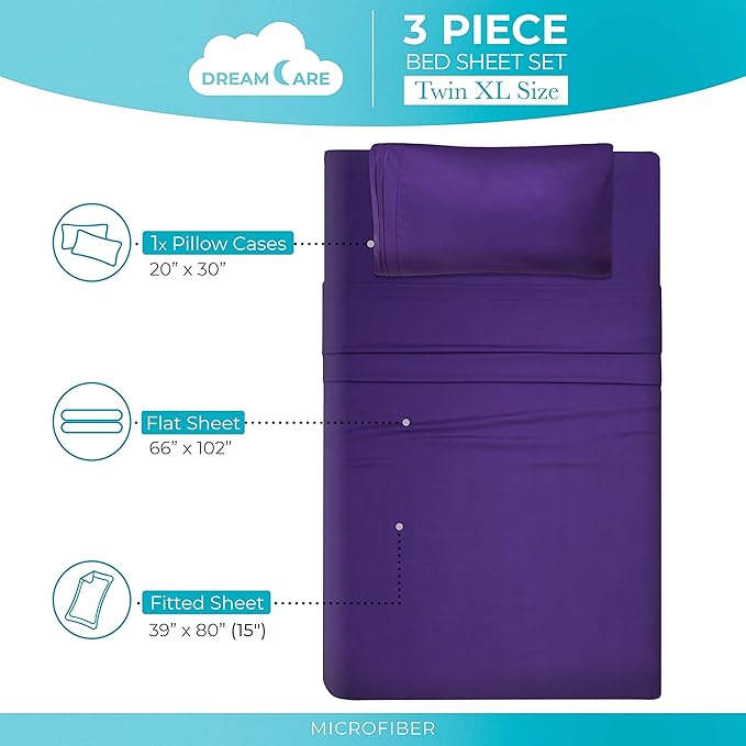 DREAMCARE Twin XL Sheet Sets – 3pcs Cooling Sheets – up to 15” Deep Pocket Twin XL Sheets Set – Hotel Luxury Sheets & Pillowcases – Superior Softness 100% Fine Microfiber with Side Pocket – Purple