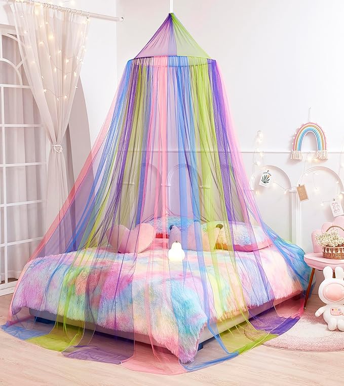 Rainbow Bed Canopy for Girls, X-Large Princess Bed Canopy Rainbow Bedroom Accessories Decor,Girls Mosquito Net Dome Canopy for Twin to King Size Bed